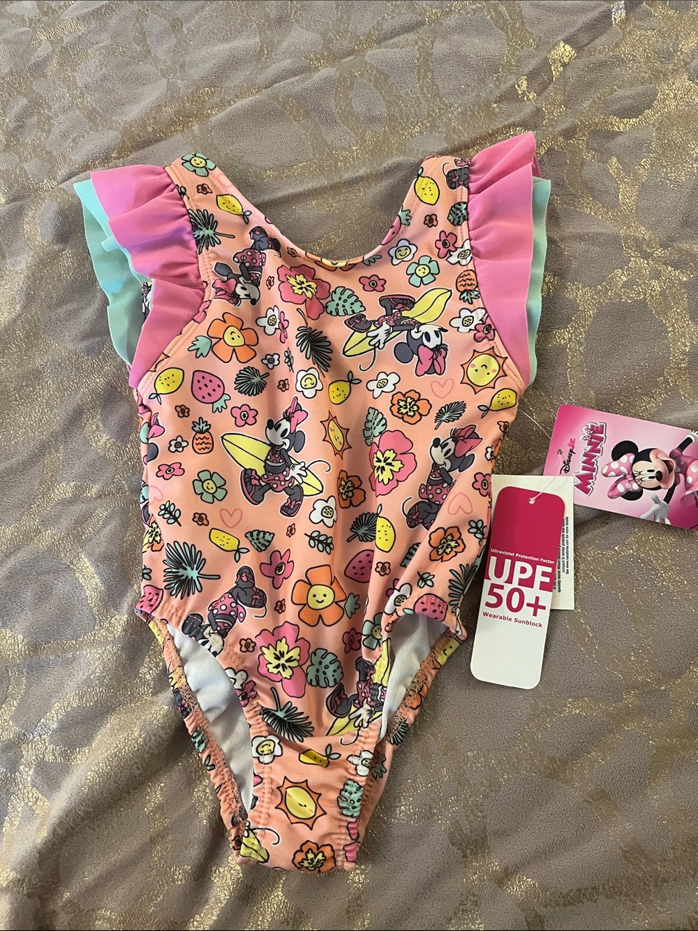 Disney Pink Floral & Fruit Minnie Mouse One-Piece Swimsuit with Ruffle Sleeves